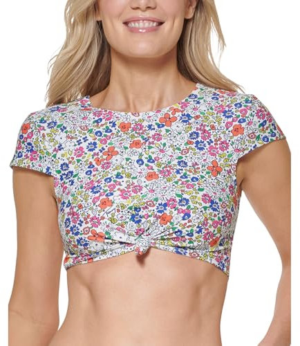Tommy Hilfiger Women's Knotted Front Cap Sleeves Printed Swim Top, Soft White Multi, Large