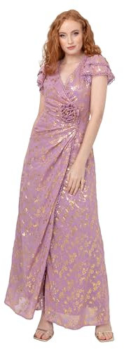 Maya Deluxe Women's Maxi Dress Ladies Wrap V-Neck Short Tiered Flutter Sleeve Gold Foil Jacquard Corsage A-Line Prom Ball Gown, Rose Orchidée 38