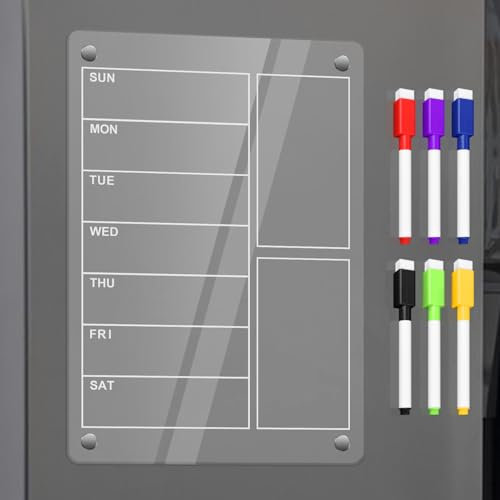 SULOLI Pizarra magnética para nevera transparente, calendario acrílico magnético nevera, planificador semanal, lista de la compra y pizarra de cocina