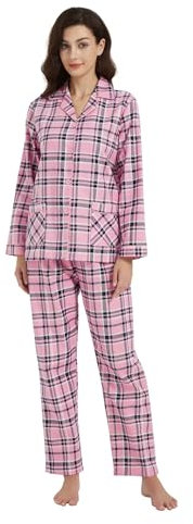 kolipajam Pyjama en Flanelle de Coton pour Femme 100% Coton - Pyjama Doux et Confortable pour Femme Pink Plaid M