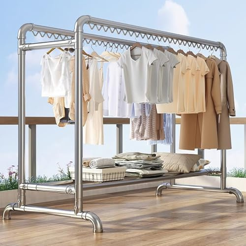 WPPTNSFY Wäscheständer mit Winddichten Haken, Schwerlast Kleiderständer aus Metall, L:160/200cm, für Drinnen Draußen Balkon