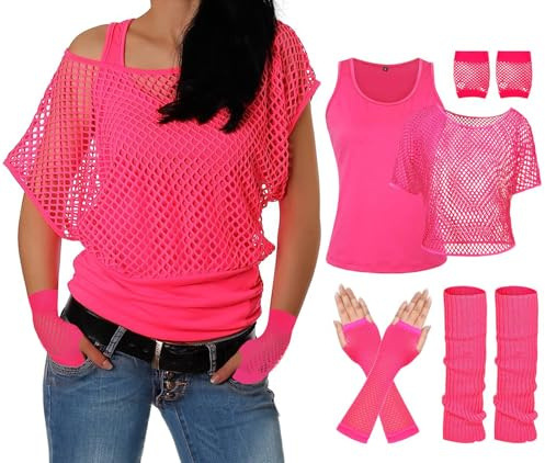 ELFIN 80er 90er Jahre Outfit Damen, Netzshirt, Tank top, Beinwärmer, Netzhandschuhe, 80er Jahre Netzoberteil Damen Tops Neon Shirt, 80er Kostüm Aerobic Kleidung Mottoparty Accessoires, Pink, L