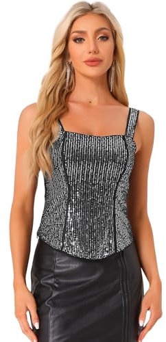 Allegra K Donna Canottiere con Paillettes, Top Senza Maniche con Corsetto E Canotta Glitterata Scintillante Nero L