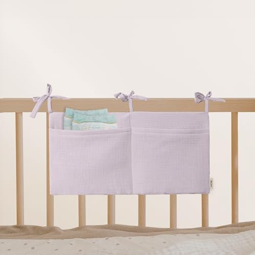 Babybett Aufbewahrungstasche aus 100% Baumwolle Musselin, für das Beistellbett, Babybett, Kinderbett. Ideal zum Verstauen von Windeln, Schnullern (Lavender)