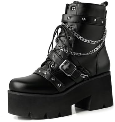 HXTYXCQ Femmes Gros Talons Hauts Cuir Punk Bottes Lacets Fermeture Éclair Latérale Plate-Forme Bottes avec Chaîne en Métal Bout Rond Boucle Bottines Gothiques,Noir,39 EU
