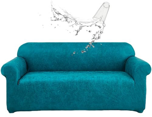 CLGTY Wasserdicht Sofa überzug 4 Sitzer, PU Leder Sofabezug 1 Stück Couch überzug Mit Elastischem Boden Waschbar Sofahusse Für Katze Hund-Türkis-4 Sitzer