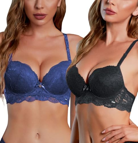 SHEKINI Women's Push Up Lace Bra Underwire Bras Set 2pcs Padded Bralette | Hook Closure, Removable Pads, Adjustable Straps, Comfortable, Everyday, Breathable, Two Pieces