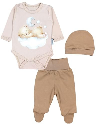 TupTam Baby Mädchen Jungen Bekleidungsset Langarmbody Hose Mütze mit Aufdruck Spruch 3 teilig, Farbe: Bärchen auf der Wolke Beige, Größe: 50