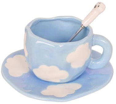 Dokeno Set di Tazza e Piattino da Caffè, Tazza da Caffè in Ceramica, 250 ml Set di Tazza da Caffè da Cielo Blu e Nuvole Bianche con Piattino e Cucchiaio per Casa e Ufficio, Regalo per Donne e Ragazze