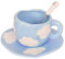 Dokeno Kaffee Tassen und Untertassen Set, 250 ml Blauer Himmel und Weiße Wolken Tee Kaffee Becher Sets mit Untertasse und Löffel für Zuhause und Büro, Frauen Mädchen Geburtstagsgeschenk