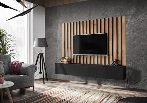 Generisch Modern TV-Wohnwand VE2-ZA, 180 cm, Holzlamellen-Panel, Farbe wählbar (Artsan/Schwarz)