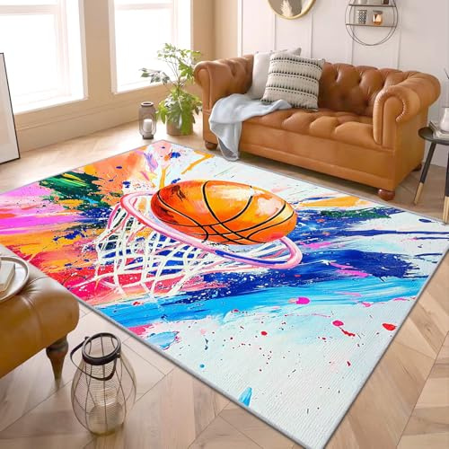 PaxGloz Basketball Teppich - Teppiche Wohnzimmer Schlafzimmer Jugen Basketball, Kleiner Teppich Jugendzimmer Graffiti, Weich Kurzflor & Waschbar & rutschfest Fussmatte Innen, Kinderteppich 80x150 cm