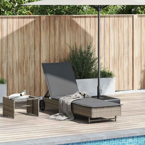 Myheimly Sonnenliege mit Rollen und Auflage Grau Poly Rattan, Sonnenbett, Liege, Outdoor Chaiselongue, Gartenliege, Outdoor-Liege