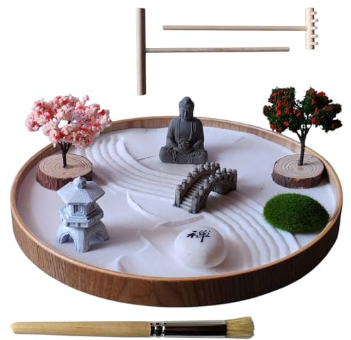 ZEN&TAO Kit de jardín zen japonés de escritorio, hecho a mano en bandejas redondas de madera, 2025, varias opciones (diseño A, bandeja de 24 cm)