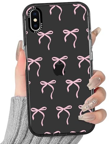 Yirlbey Transparent HandyHülle für iPhone X/iPhone XS Hülle, Aesthetic Rosa Schleifen Muster Bunt Design Mädchen Geschenk Schutzhülle, Silikon PC-Rückseite Case Cover für iPhone XS 5,8,Schwarz