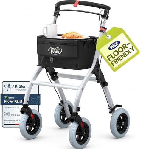 VOCIC Z32 Lightweight Indoor Rollator Walker with Tray, Quiet Tyres, 6.6kg | Aluminium Narrow Foldable Mobility Walker with 20cm Quiet Soft Tires for Indoor, Floor-Friendly, Support to 110kg, White