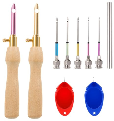 JSRQT 10 Stücke Punch Needle Set mit Holzgriff & 5 Austauschbaren Nadeln, Verstellbare Stickerei Punch Nadel Werkzeug,Stickstift Stanznadel