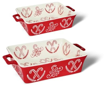 Domini Casserole Dishes for Oven, Ceramic Baking Dishes for Oven Set of 2, Lasagna Pan Deep, Baking Pan Set Square Casserole Dish Set with Handles for Baking, Pattern Red(11.4+8.5inch) Christmas