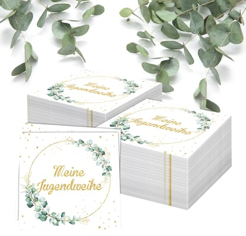 BREANIFULL 100 Stück Jugendweihe Deko Grün Gold Papierservietten mit Eukalyptus Design Jugendweihe Servietten mit Aufschrift für Tischdeko, Party-Deko & Feier-Dekoration für Jugendweihe