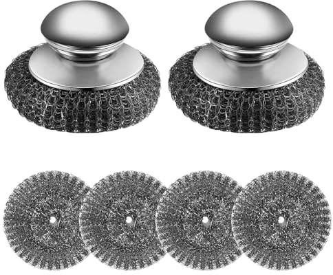 yotutun 2 Stück Stahlschwamm Topfreiniger, Edelstahl Schrubber mit 4 Ersatzbürsten Stahlwolle Topfkratzer Küchen Drahtwaschl Schwamm Topfschrubber für Reinigen von Geschirr Pfannen SpüLen Usw