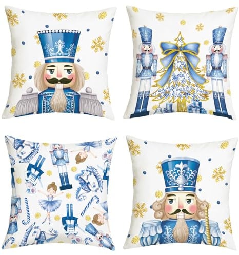 Joymaison 45x45 Pack of 4 Christmas Tree Blue Throw Pillow Cushion Covers | Xmas Nutcracker Soldier Decorative Throw Pillow Case Home Decor for Couch Bedroom