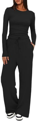 Joligiao Zweiteiler Damen Tracksuit Trainingsanzug Set Langarm Rundhalsausschnitt Jogginganzug Hausanzug Slim Fit Sweatshirt und Weites Bein Hose mit Taschen Freizeitanzug Sportanzug