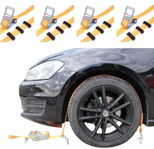 Autotransport Spanngurt Radsicherung, 4 Stück, 50 mm, 1-teilig | mit Distanzhalter, Zurrgurt, Reifengurt PKW