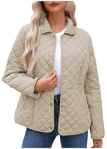 Keepink Coats for Women UK Winter Quilted Jackets Long Sleeve Button Down Diamond Puffer Jacket Solid Casual Bomber Outerwear Lightweight Warm Coat with Pockets Relaxed Fit Trendy Down Coats