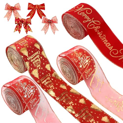 Shyllin 4 Rollen Weihnachtsbaum Band Draht, Geschenkband Weihnachten, Weihnachtsband mit Draht mit Heißprägemuster, Geeignet für Geschenkverpackungen, Christbaumschmuck, handgefertigte Schleifen