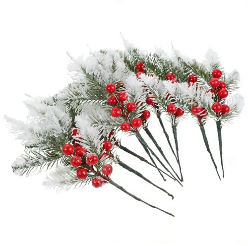 JOINPAYA 10pcs Christmas Artificial Pine Berry Picks: Pine Floral Branches Stems Red Berry Holly for Xmas Diy Wreaths Decorations