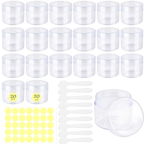 Akamino 40 Pcs Small Plastic Containers with Lids and Spatulas, 20g/20ml Clear Round Sample Storage Pots for Toiletries, Empty Plastic Cosmetic Jars for Travel, Creams, Makeup