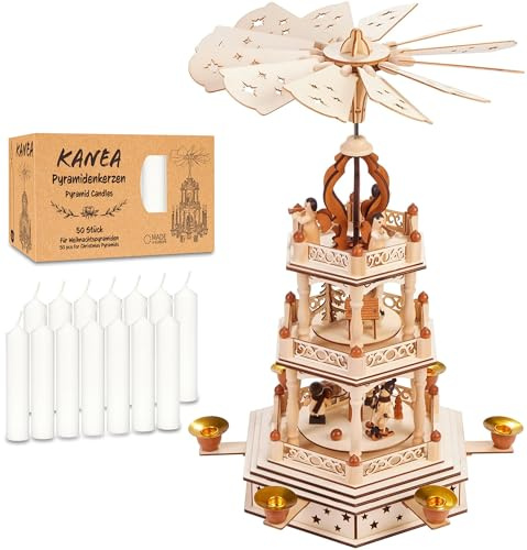 BRUBAKER 3-stöckige Weihnachtspyramide aus Holz inkl. 50er Pack Pyramidenkerzen Weiß - 44 cm große Holzpyramide für Weihnachten - Tischpyramide Drehbar - 3 Etagen - Handbemalt