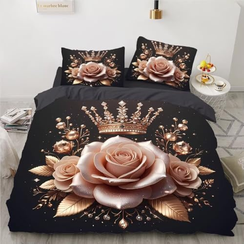 YZQGLHP Housse de Couette 140x200 Rose dorée Ensemble de Literie en Microfibre, Comprend 1 Couette avec Fermeture Éclair 2 Taies d'oreiller 65x65 Couronne dorée