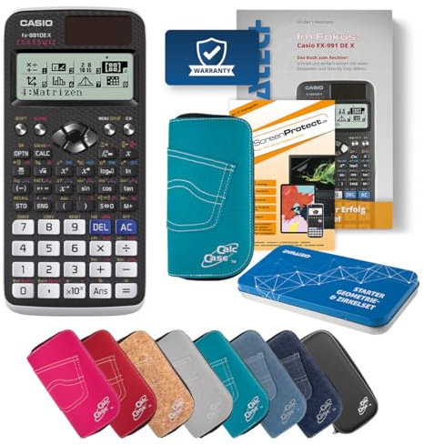 Casio FX-991 DE X Rechner mit Tasche, Folie, Fachbuch und Zirkel Set (Türkis)