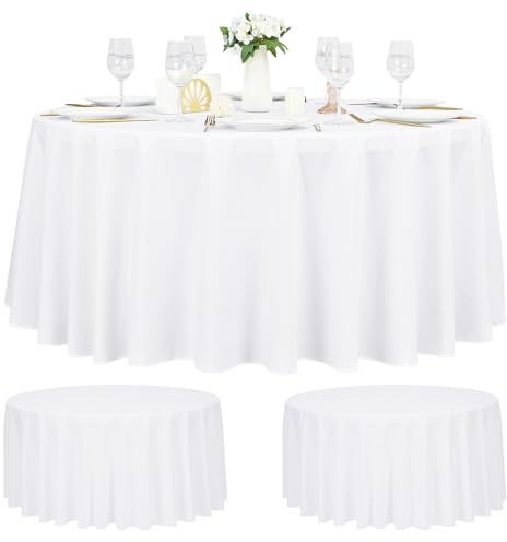 2 manteles redondos blancos de 228 cm, mantel redondo de poliéster, tapa dorada para mesas redondas, impermeable, resistente a la decoloración, lavable, cubierta de mesa redonda para bodas, bufé