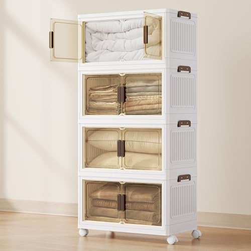 SONGMICS Cajas de Almacenamiento de 4 Niveles, Organizador con 1 Tapa, Cajas Apilables, con Ruedas, de Plástico, con Puerta Magnética, Blanco, 55 L por Nivel, 220 L en Total, RLB460WZ01