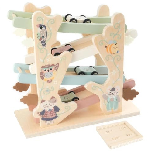 Smartwo Montessori Holzspielzeug Kugelbahn aus Holz für Kleinkinder | Autorennbahn mit 4 Autos, in Pastellfarbe, Waldtier-Motive, Geburtstag-Geschenke für Junge Mädchen