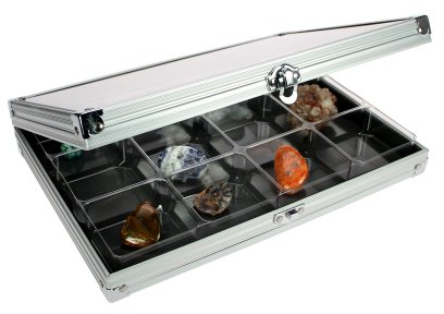 SAFE 5616 Alu-Sammelvitrine für Legofiguren und Mineralien 12 Fächer à 65 x 58 mm | mit dunkelblauem Velours | Stellen oder Hängen | 295 x 203 x 40 mm