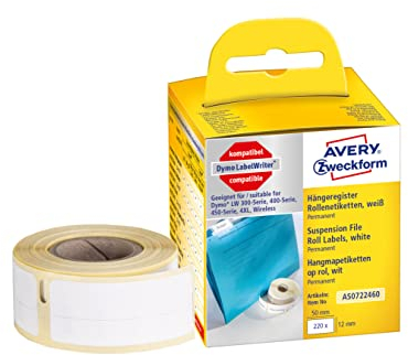 AVERY Zweckform AS0722460 Dymo LabelWriter Hängemappen Etiketten kompatibel zu S0722460 (12x50mm, 1 Rolle|220 Aufkleber, selbstklebend, für LW Dymo Etikettendrucker/Beschriftungsgerät/Etikettenband)