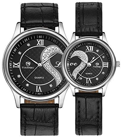 DREAMING Q&P Unisex Analog Quarz Paar Uhr mit Leder Armband Schwarz MW102B