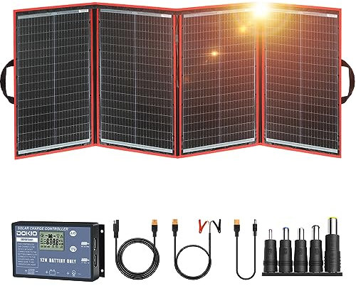 DOKIO Kit de panel solar plegable portátil de 200 W (20 x 27 pulgadas, 9 libras), con controlador separado y USB dual, cargador monocristalino para baterías de 12 V y estaciones eléctricas, respaldo