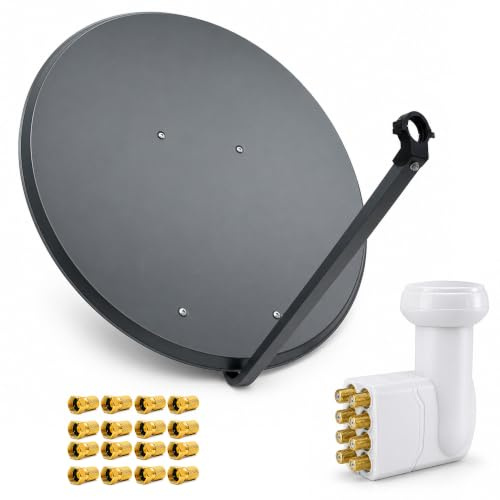 PremiumX Satelliten-Komplettanlage 100cm Satellitenschüssel Aluminium Anthrazit Antenne Octo LNB 16x F-Stecker, SAT bis 8 Teilnehmer