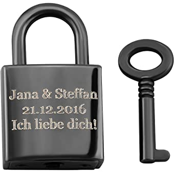 Hanessa Liebesschloss Graviertes Vorhänge-Schloss mit Schlüssel mit Ihrer Gravur Hochzeitstag Jahrestag Geschenkidee Namensgravur in Schwarz