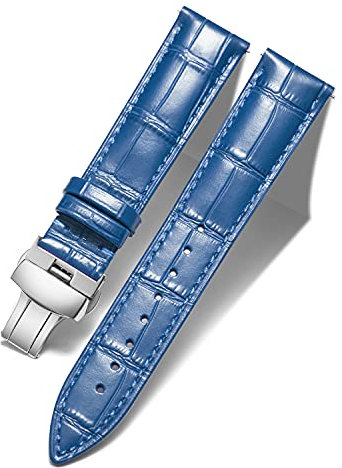 BINLUN Leder Uhrenarmband Lederarmband Ersatz Uhrenarmbänder für Herren Damen mit Silber/Gold/Roségold Schmetterling Faltschließe 12-24mm(17mm Blau-Silber Schnalle)