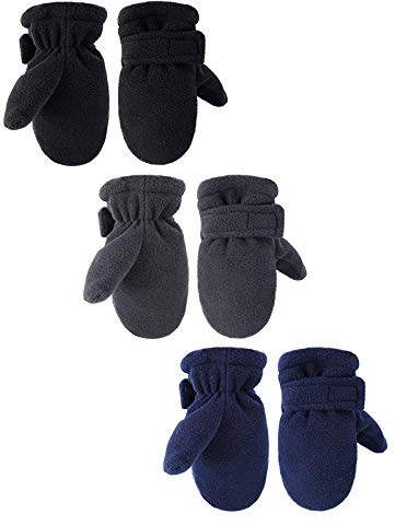 Boao 3 Paar Vlies Kleinkind Fäustlinge Winter Winddichte Warme Kinder Handschuhe (Schwarz, Grau, Marineblau, 3-5 Jahre)