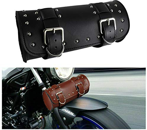 HDBUBALUS Universale Motorrad-Lenker-Werkzeugtasche Vordergabel Rollenaufbewahrung Sissy Bar Barrel Tasche PU Leder Schwarz