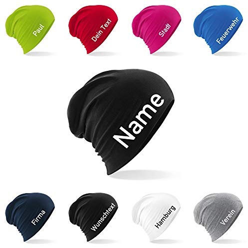 generisch Slouch-Beanie (Baumwoll-Mütze) mit Namen oder Wunschtext Bestickt (Schwarz)