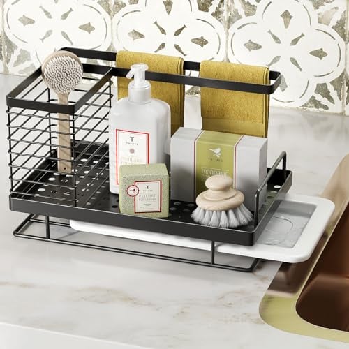 OriwarE Kitchen Sink Caddy Organizer Scrub Sponge Soap Brush Dishrag Dishcloth Holder Rack with Drain Pan Tray Stainless Steel - Black