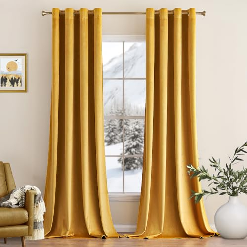 MIULEE Senfgelb Samtvorhang Ösen 2er Set 140X160, Blickdichte Vorhänge Samt Kurz Schlafzimmer Wohnzimmer, Wunderschön Weich Vorhang Verdunkelung Velvet Curtains, Verdunkelnd Samt Gardinen Blickdicht