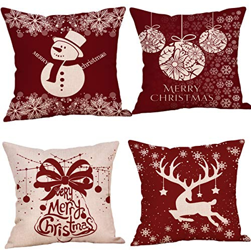 HIQE-FL 4 Stück Weihnachtskissenbezug, Weihnachten Dekorative Kissenhülle, Weihnachtsdekoration Kissenbezug,Elk Weihnachtsmann Muster Sofa Wohnkultur (I)